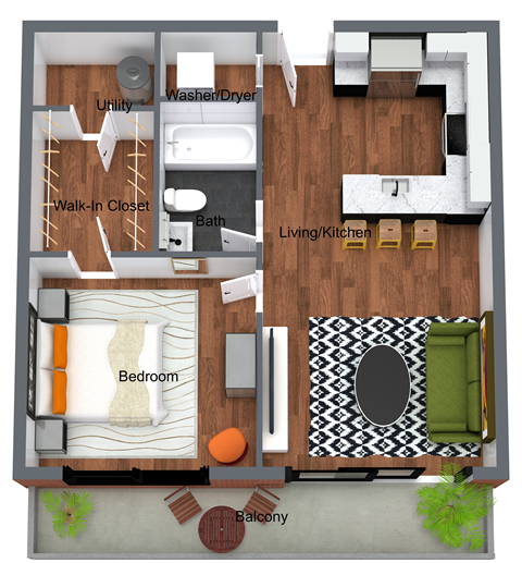 Floor plan for 1 bed, 1 bath, 692 sqft